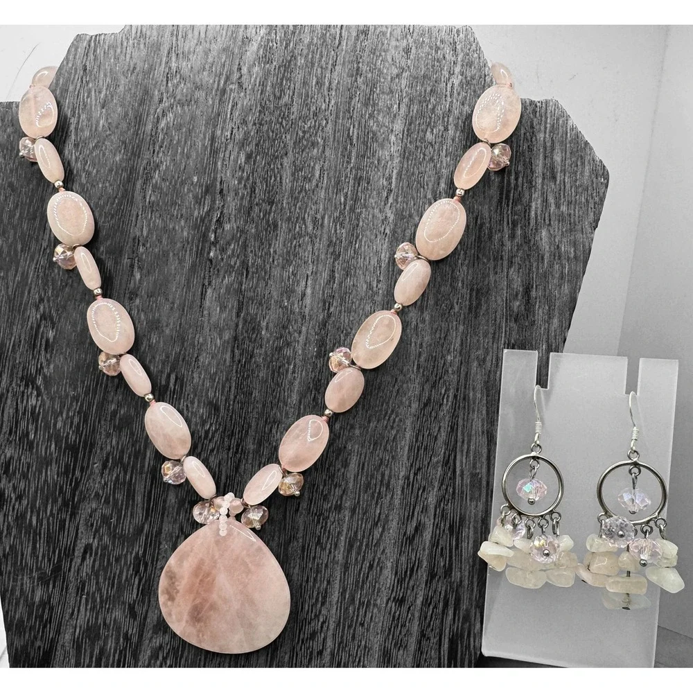Lucas Lameth LUC 925 Sterling Silver Rose Quartz Beaded Pendant Necklace Set